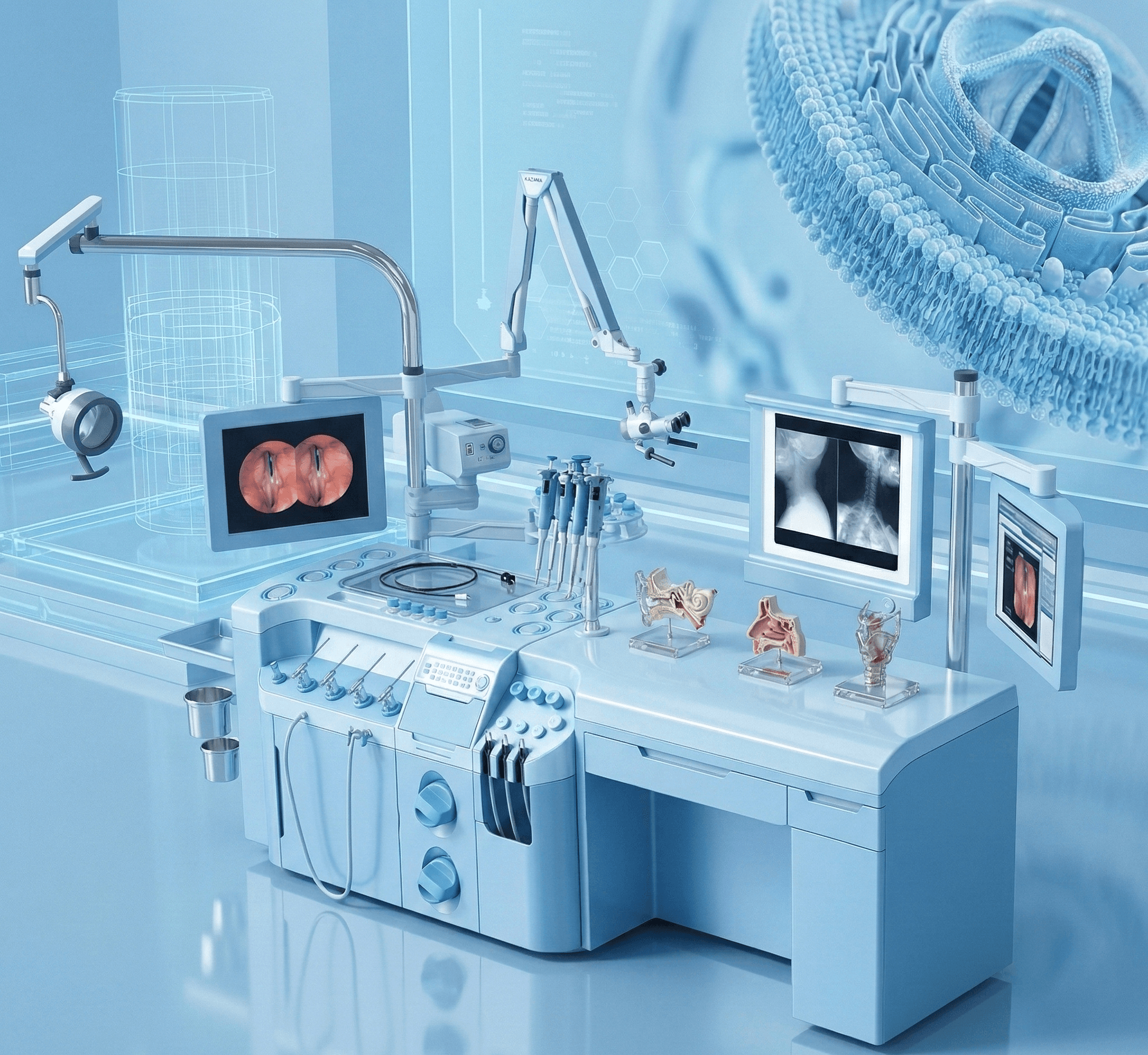 Integrated ENT treatment workstation with diagnostic displays and precision tools